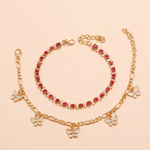 Anklet 2 pcs Gold Plated Pink Butterfly Anklet - Picture 3 of 4